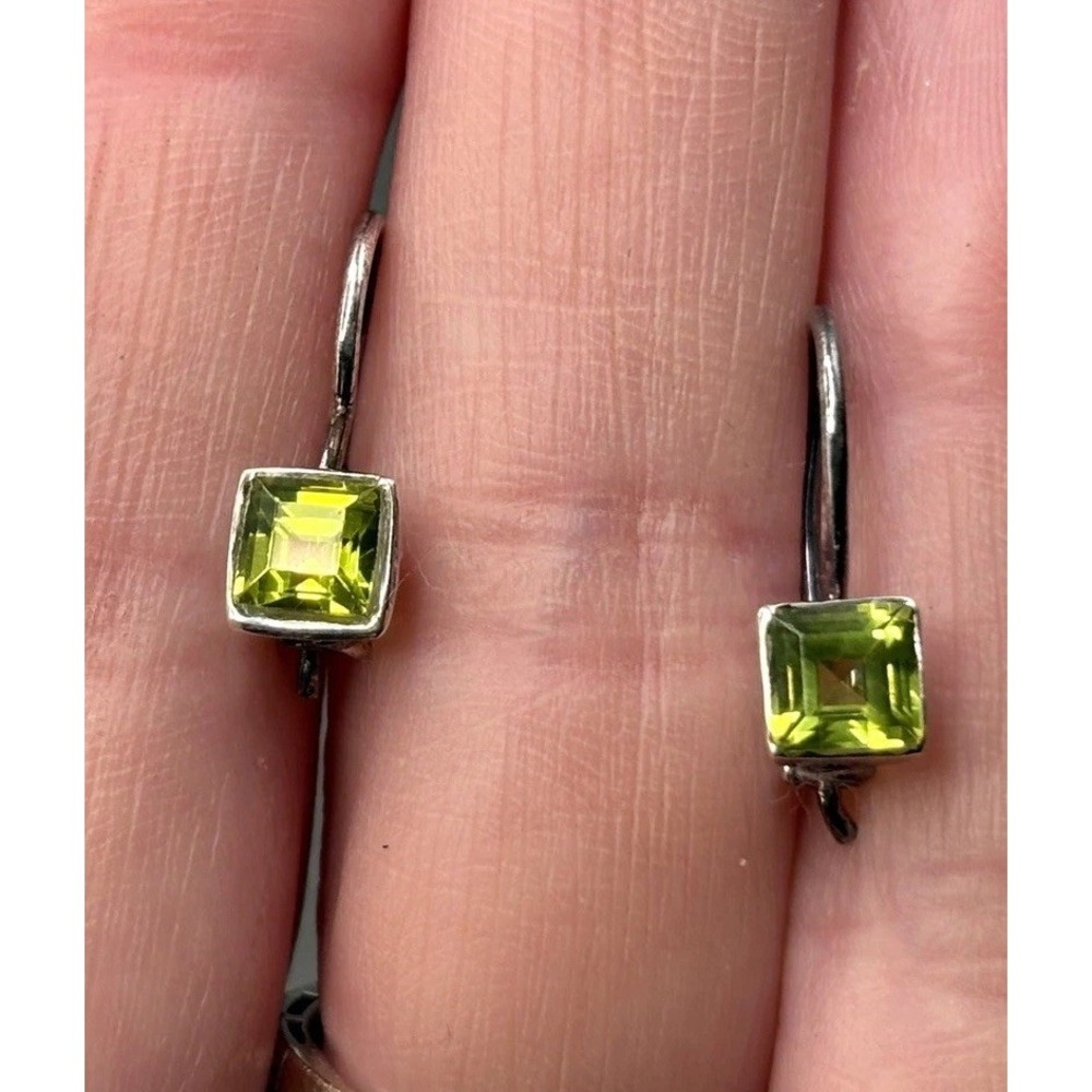 Vintage Estate Sterling Silver Peridot Square Cut Drop Earrings Shepherd Hook